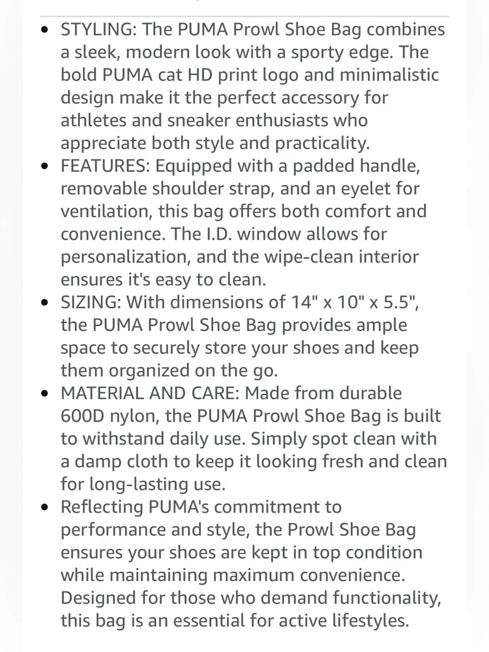 Puma Prowl Black Shoulder Shoe Bag with Gold Logo with Ventilation.